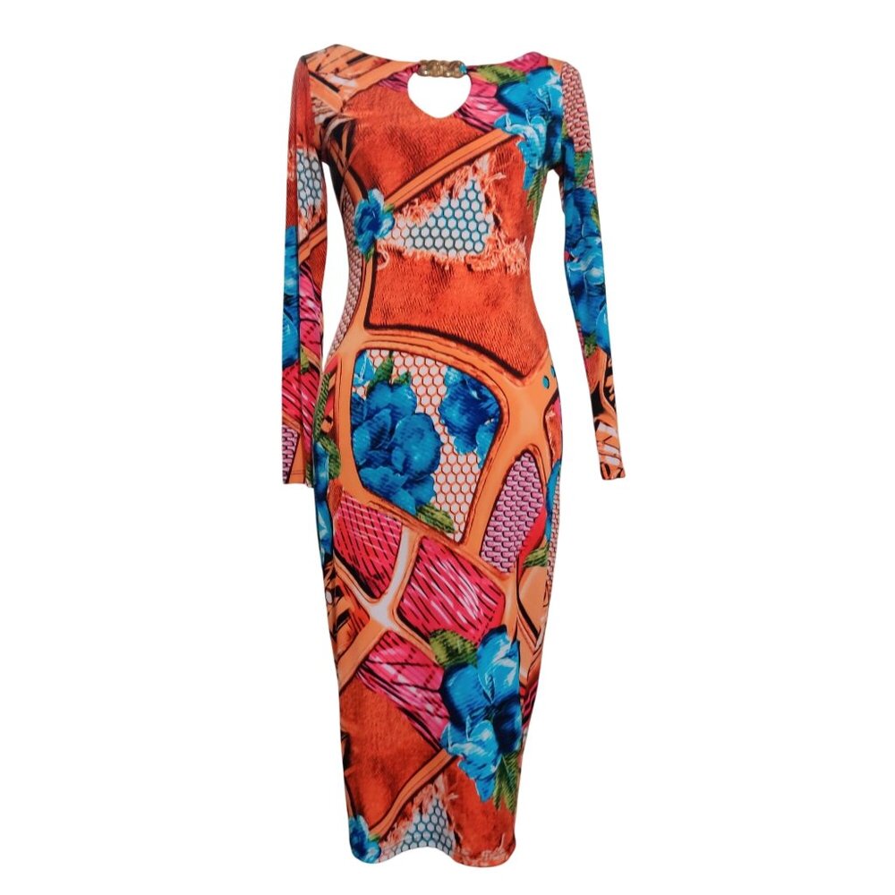 Sexy Diva Womens Dress Long Sleeve Bodycon Midi Dress Keyhole Y2K Orange Size S